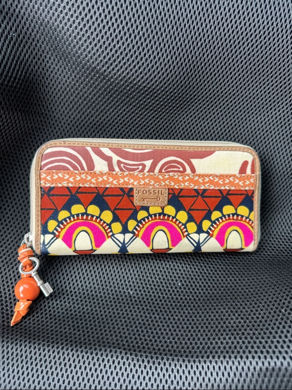 Fossil Multicolor Geometric Zip Wallet with Orange Charm